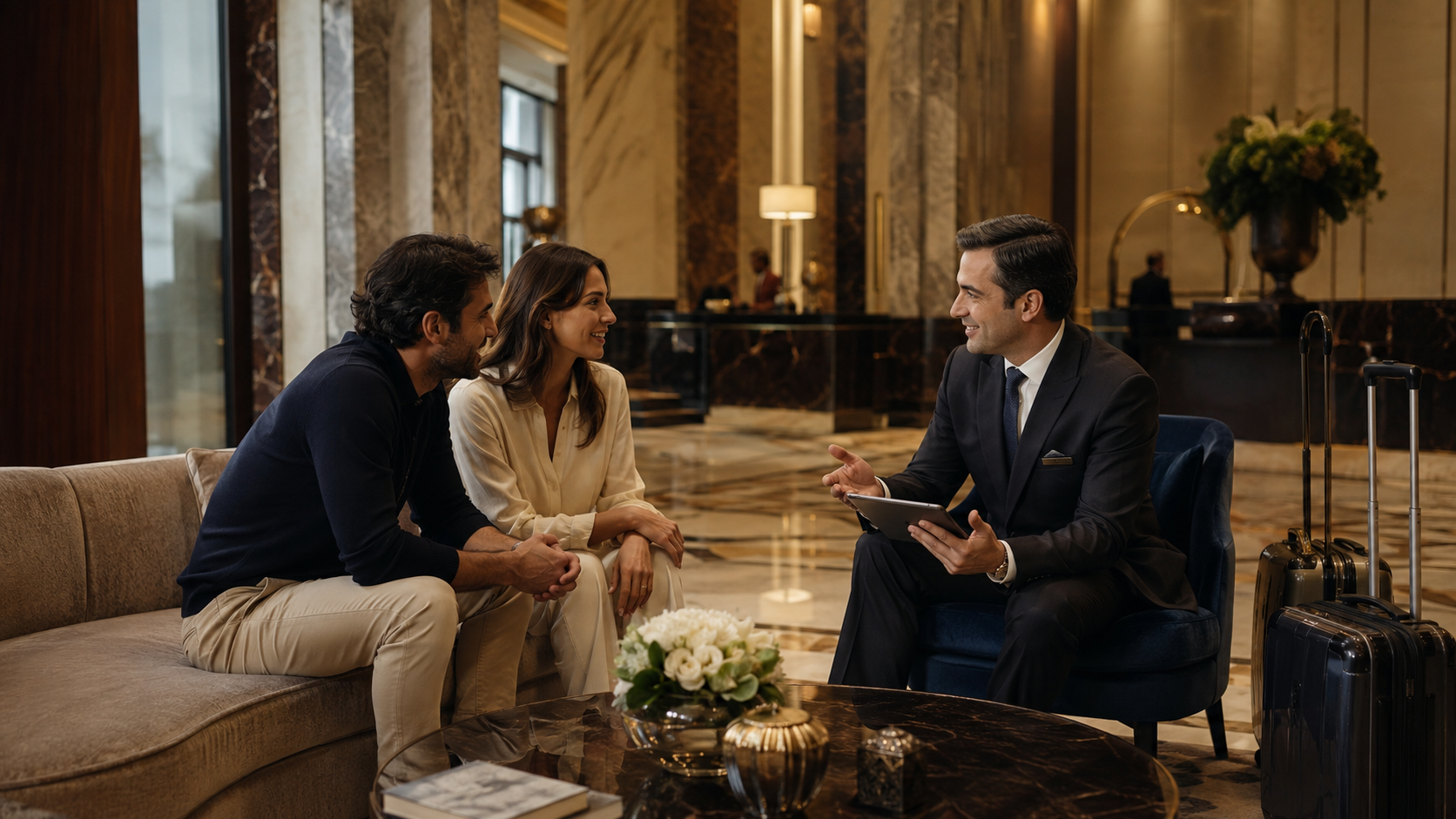 Premium hospitality conversation in a luxury Istanbul hotel lobby