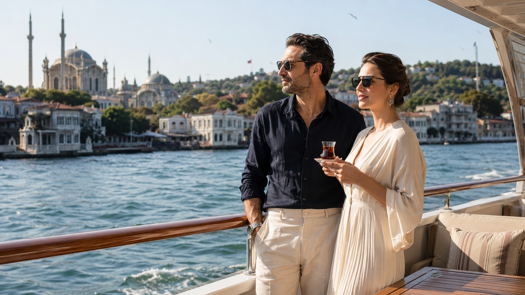 Couple enjoying a Bosphorus yacht experience at golden hour